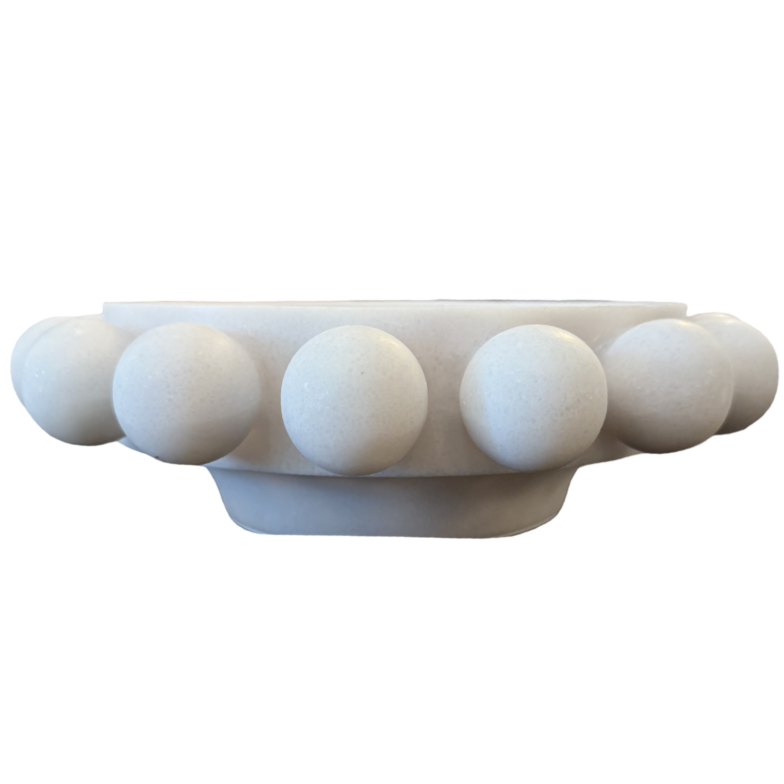 A white marble decorative bowl with a raised beaded border, shown from a side profile view against a plain white background.