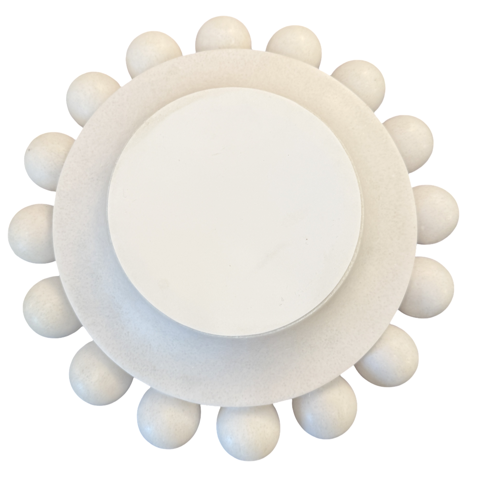 A round, off-white decorative object with a smooth central disc and a textured outer ring surrounded by small raised spheres, shown on a plain white background.