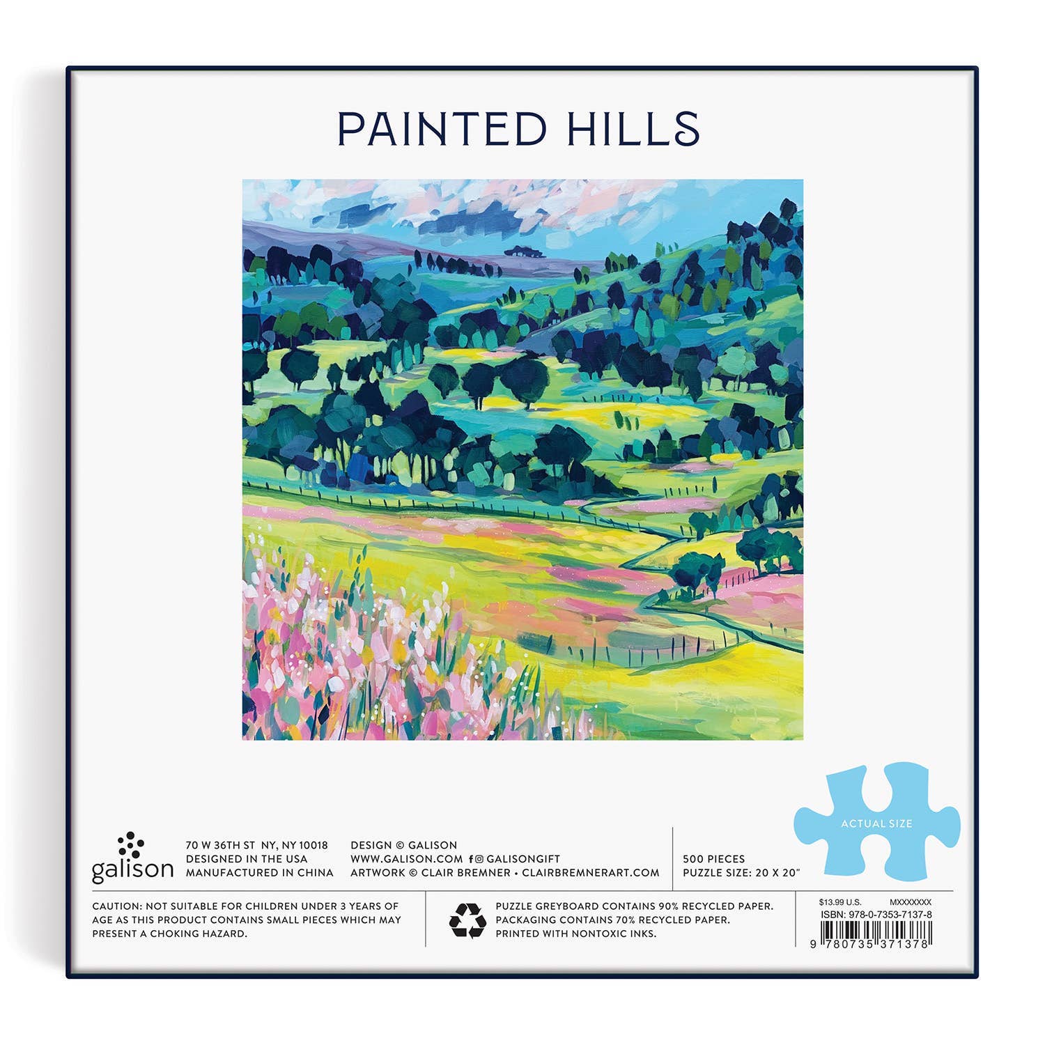 Painted Hills puzzle, Galison puzzle, 500 piece landscape puzzle, bold colorful puzzle, mountain field jigsaw, eco-friendly puzzle, FSC certified puzzle, recycled paper puzzle, adult puzzle gift, scenic nature puzzle