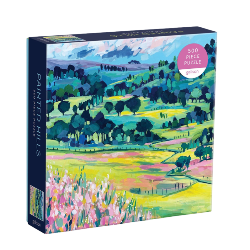 Painted Hills puzzle, Galison puzzle, 500 piece landscape puzzle, bold colorful puzzle, mountain field jigsaw, eco-friendly puzzle, FSC certified puzzle, recycled paper puzzle, adult puzzle gift, scenic nature puzzle