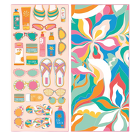 Colorful sticker sheet with beach-themed items and a vibrant abstract design.