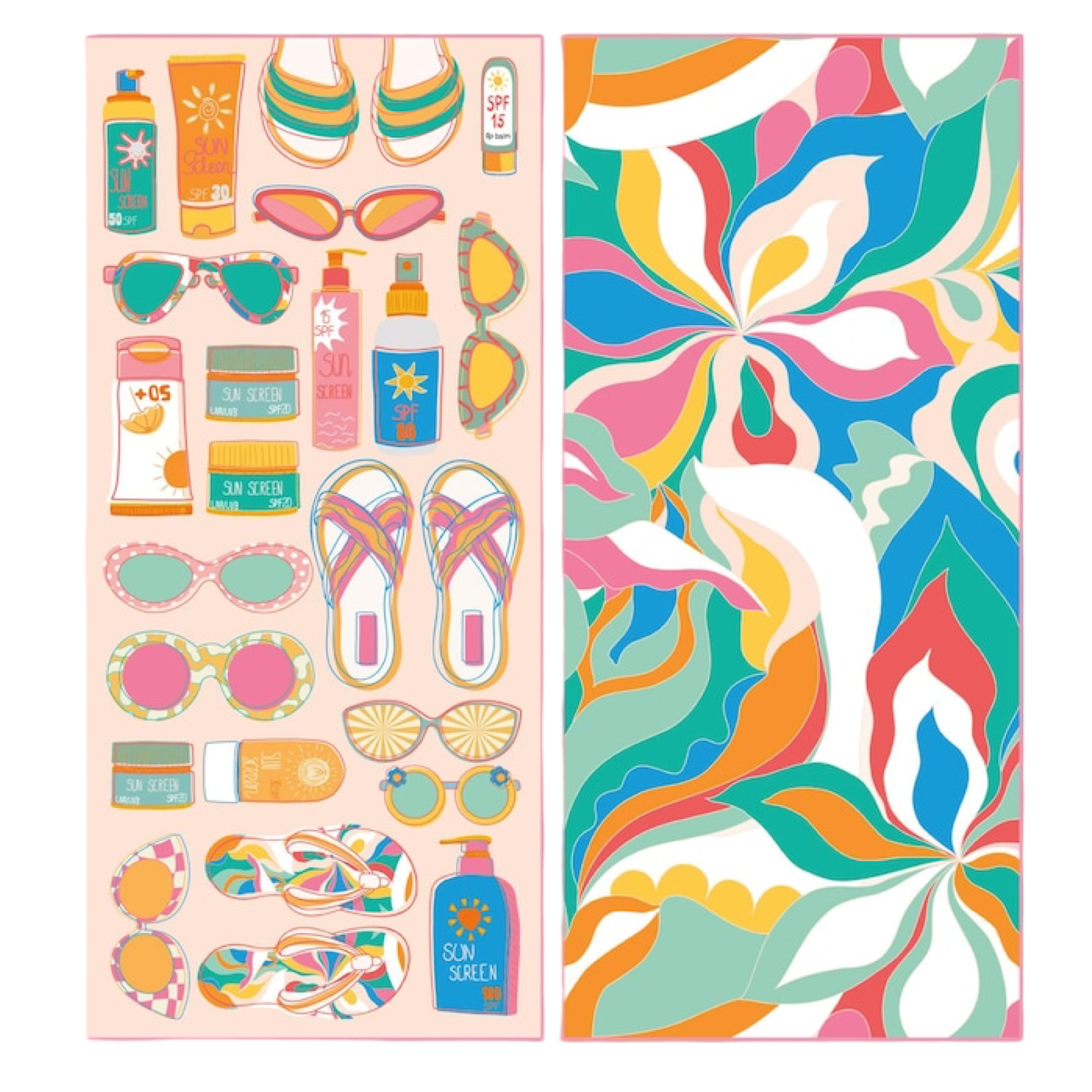 Colorful sticker sheet with beach-themed items and a vibrant abstract design.