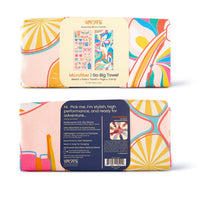 Colorful microfiber towel packaging with brand name on a white background