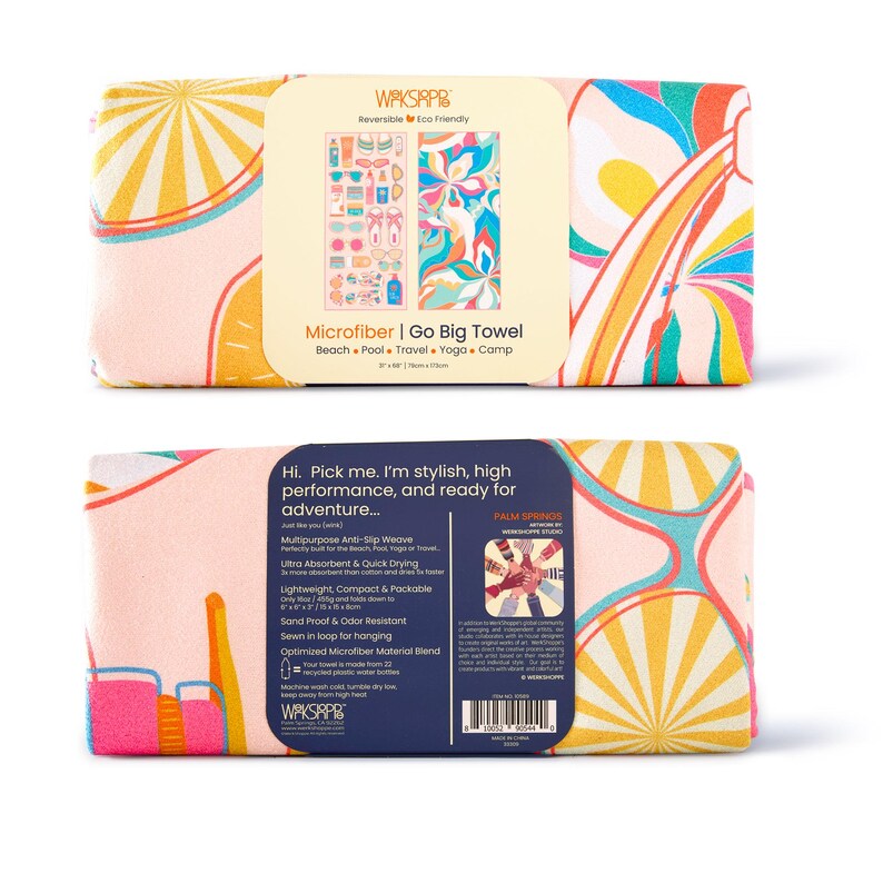 Colorful microfiber towel packaging with brand name on a white background