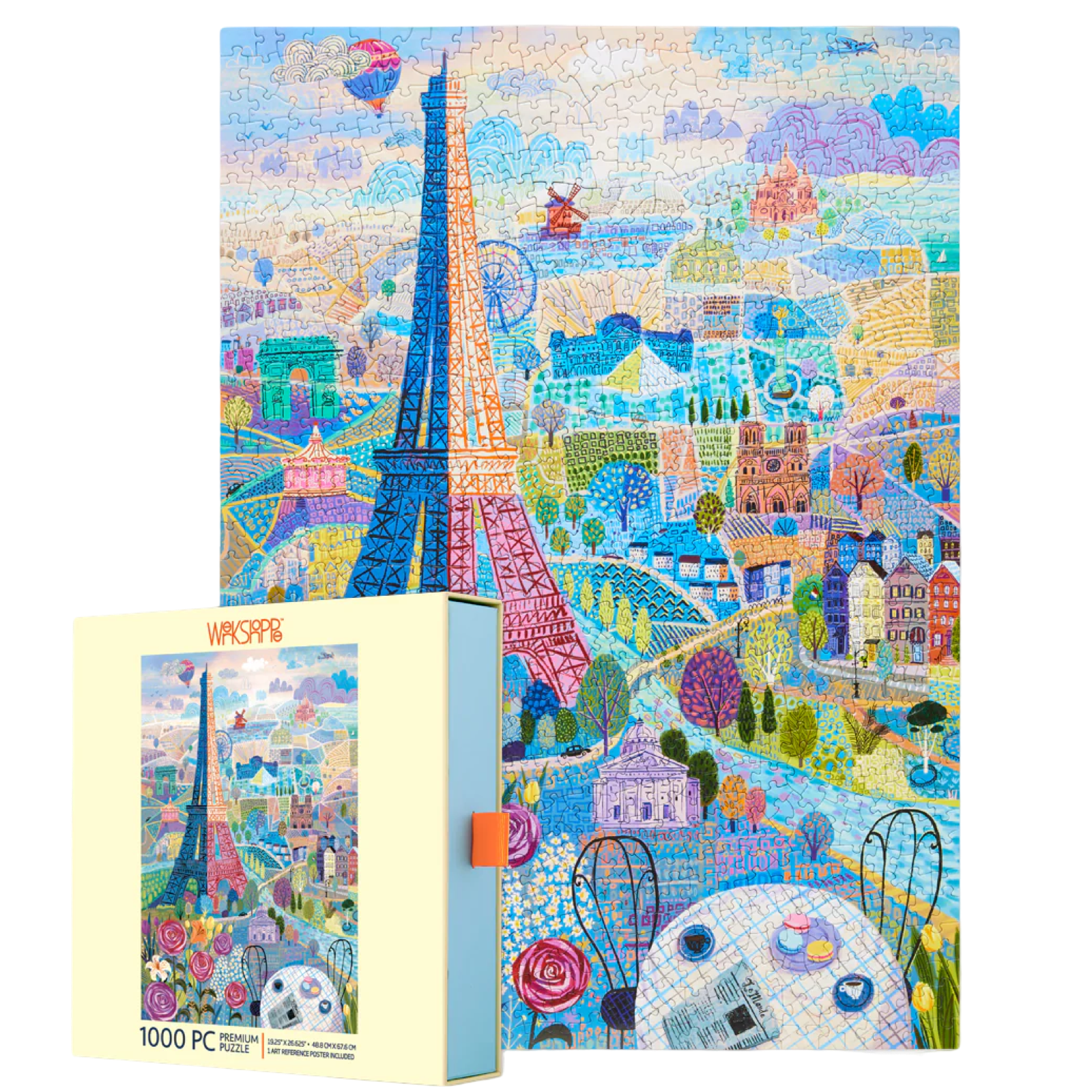 Colorful puzzle box with a Paris-themed design featuring the Eiffel Tower and other landmarks.