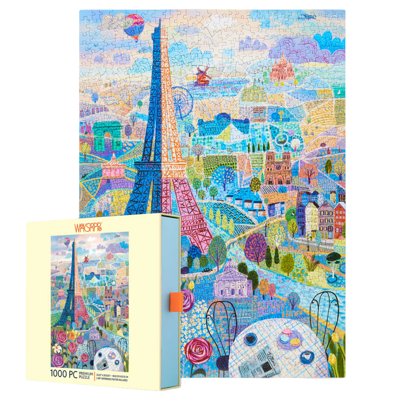 Colorful puzzle box with a Paris-themed design featuring the Eiffel Tower and other landmarks.