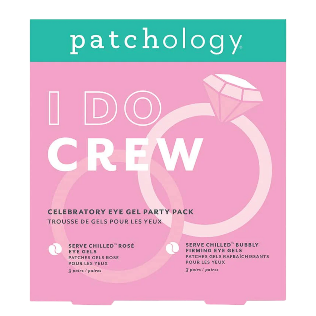 Patchology I Do Crew celebratory eye gel party pack on a pink background