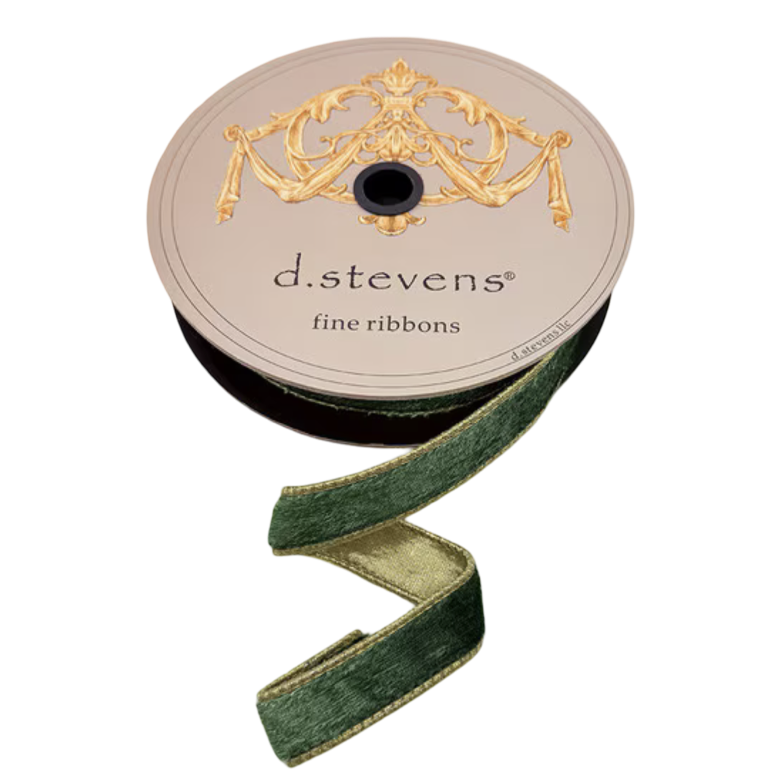 Pine green iced velvet ribbon with metallic gold backing and gold edging, 1 inch wide, shown unrolled from a 10-yard spool for bows, ornaments, wreaths, garlands, and gift wrapping.