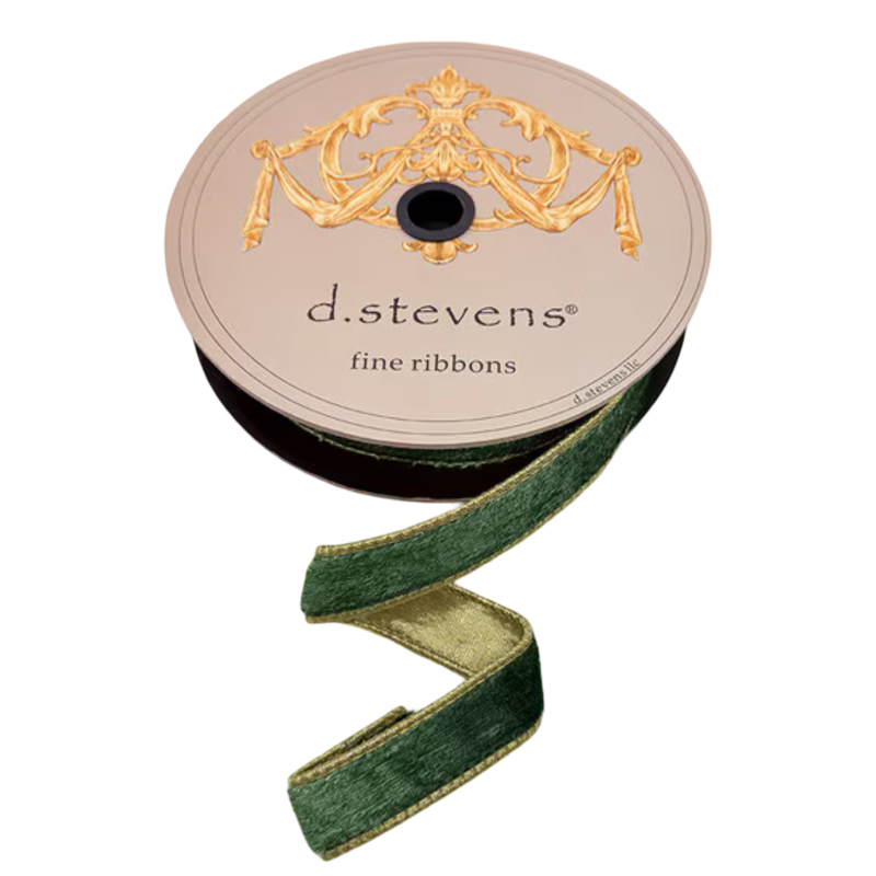Pine green iced velvet ribbon with metallic gold backing and gold edging, 1 inch wide, shown unrolled from a 10-yard spool for bows, ornaments, wreaths, garlands, and gift wrapping.