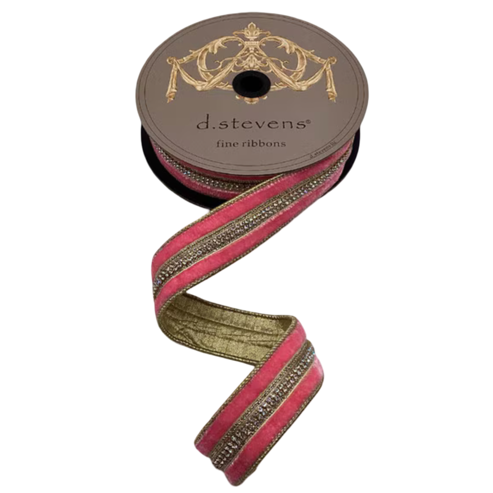 Pink lemonade velvet ribbon with crystal side trim and metallic gold backing, 1.5 inches wide, shown cascading from a 5-yard spool.