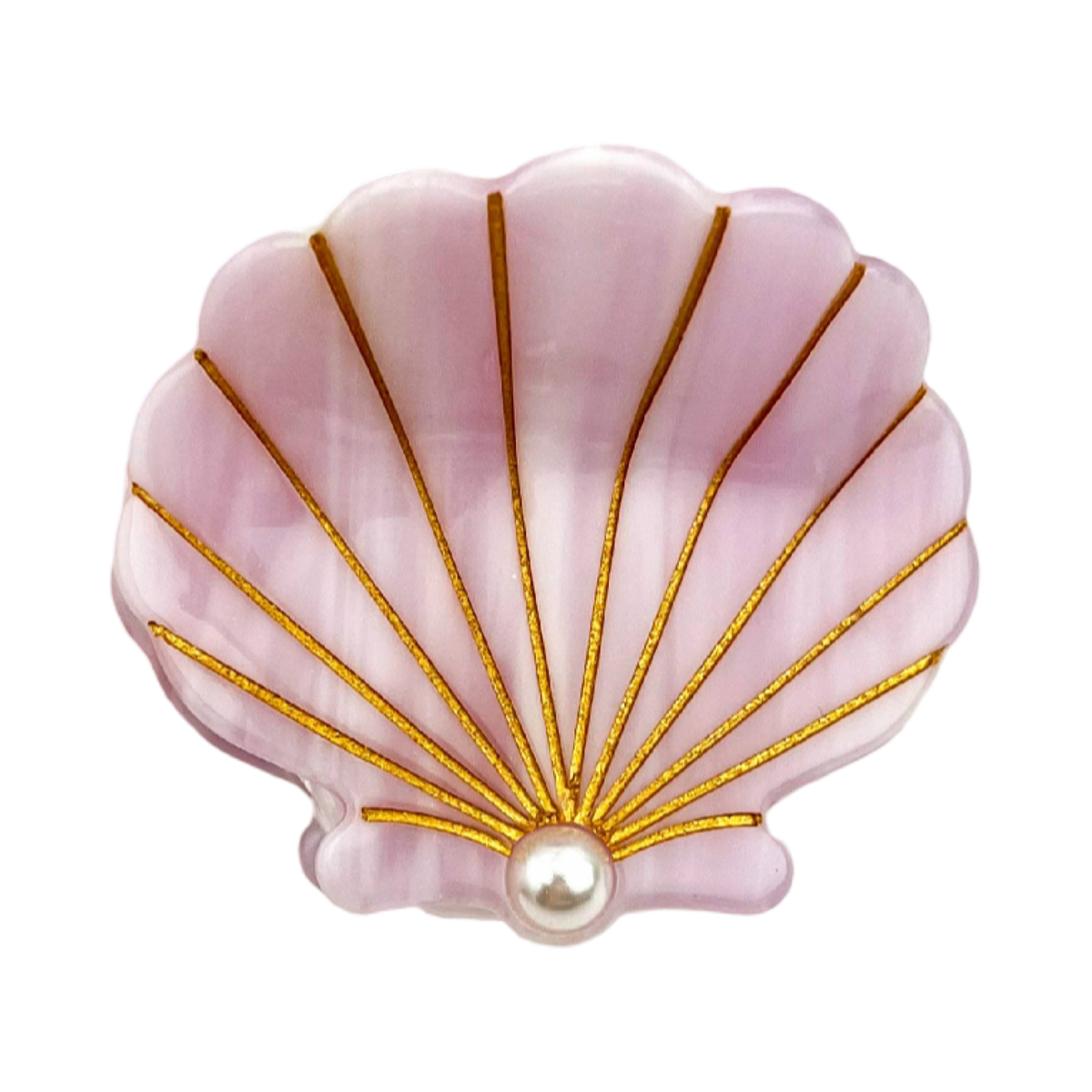 A pink clam shell-shaped brooch with gold metallic rays and a central white pearl, shown on a plain white background.
