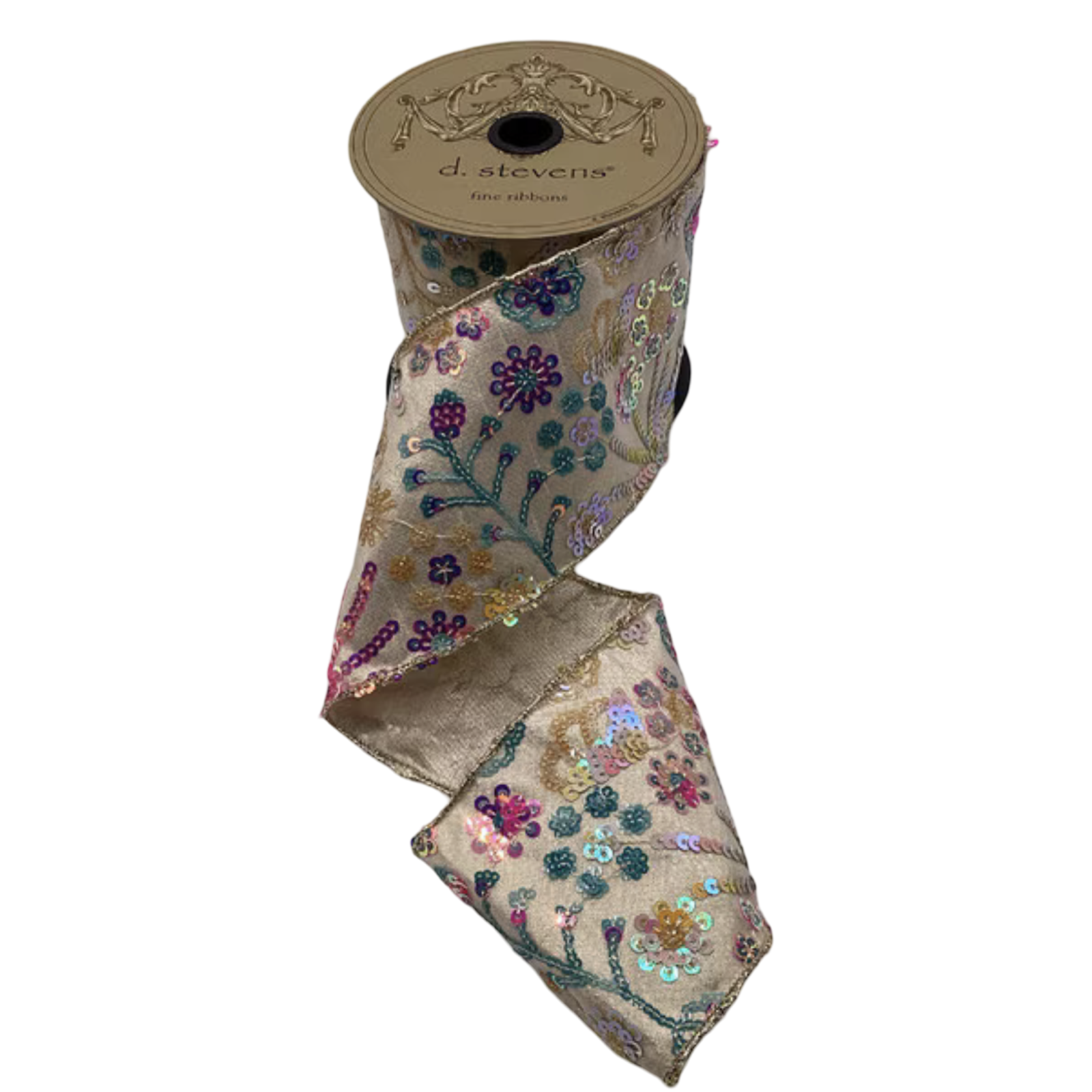 Platinum metallic dupioni ribbon with colorful jewel-tone sequin floral embroidery, 4 inches wide, shown cascading from a 5-yard spool for Christmas trees, bows, wreaths, and garlands.