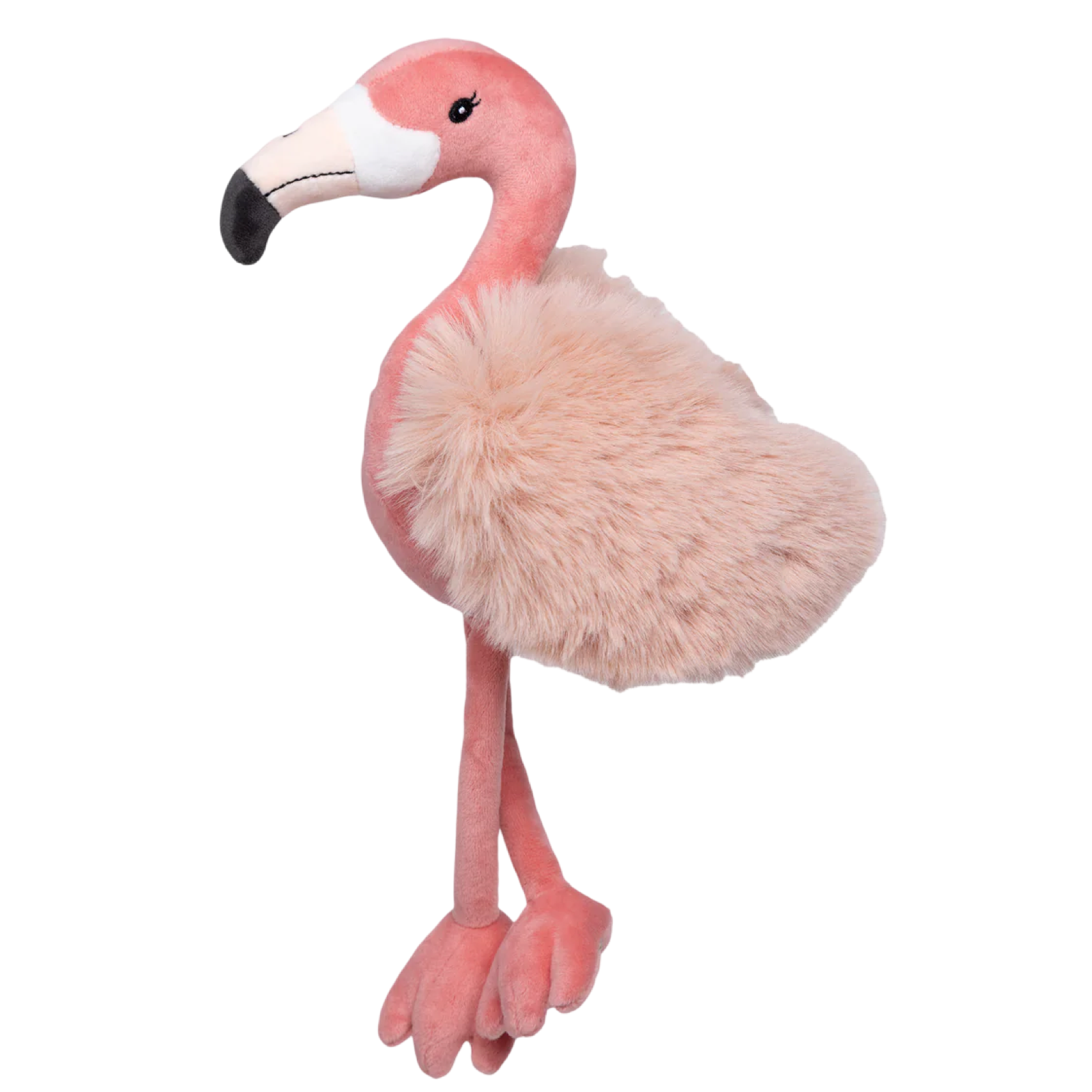 Plush flamingo toy on a white background