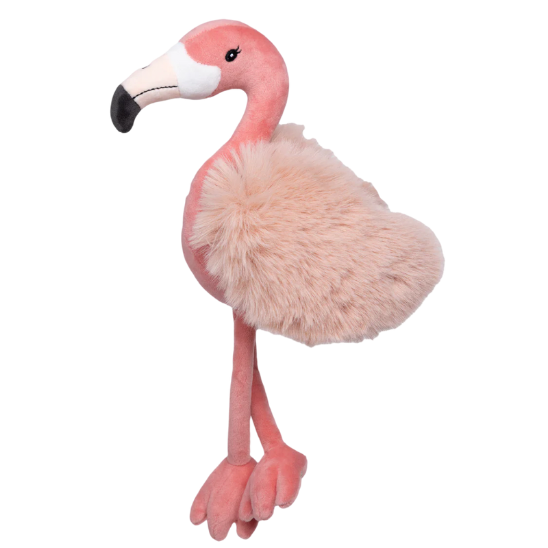 Plush flamingo toy on a white background