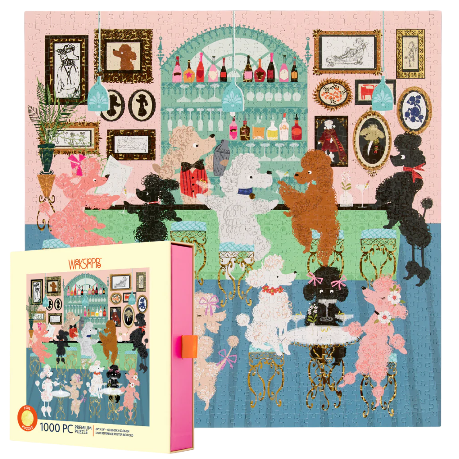 Puzzle box with a colorful illustration of dogs in a bar setting on a pink background