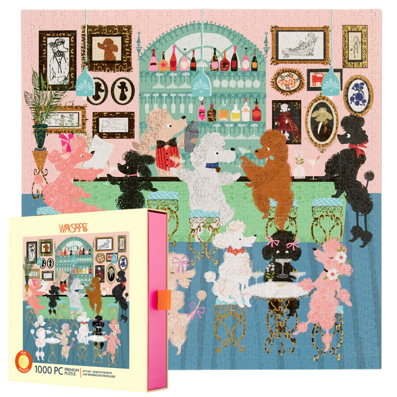 Puzzle box with a colorful illustration of dogs in a bar setting on a pink background