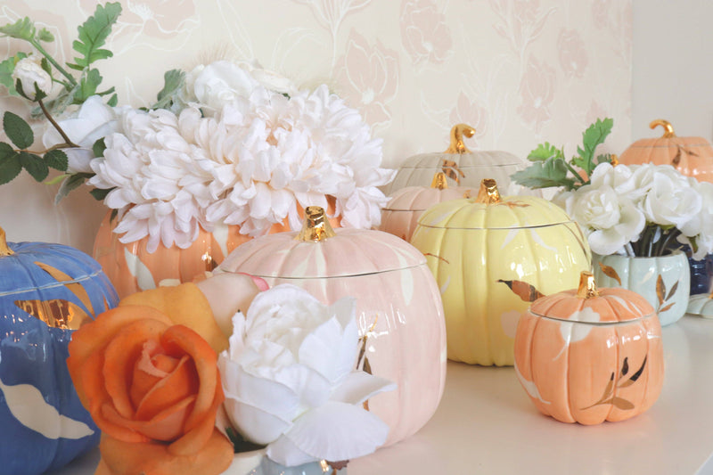 Pumpkin jar, fall home decor, autumn pumpkin jar, 22K gold pumpkin jar, layered leaves pumpkin jar, hand-painted jar, seasonal decor,