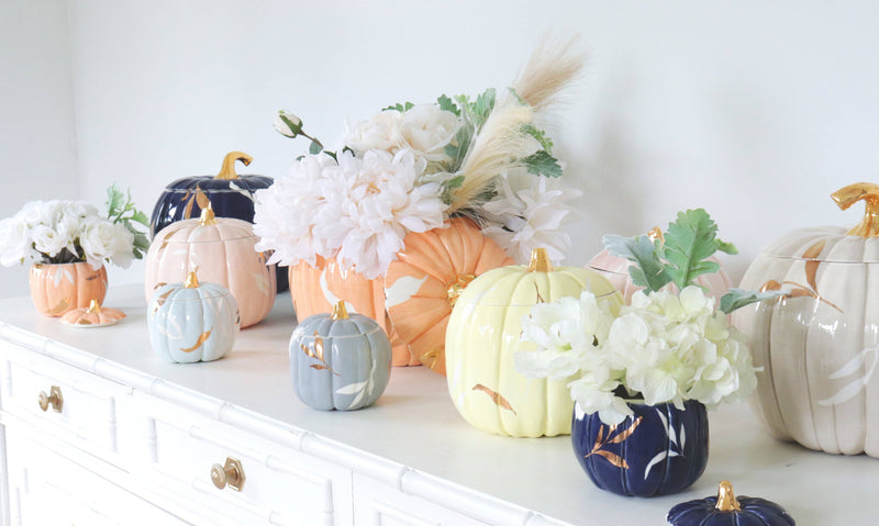 Pumpkin jar, fall home decor, autumn pumpkin jar, 22K gold pumpkin jar, layered leaves pumpkin jar, hand-painted jar, seasonal decor,