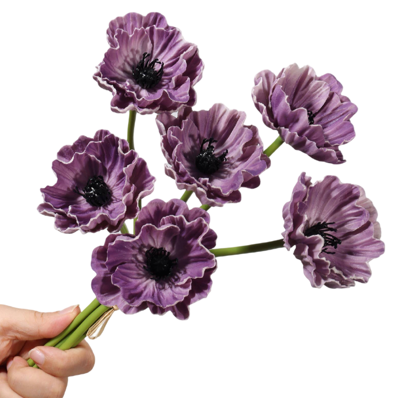 Purple Real Touch faux poppy bunch with six soft-touch flowers and green wired stems