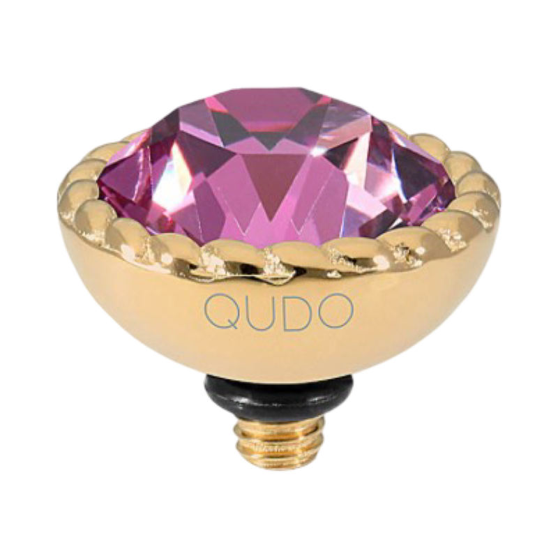 QUDO Bocconi 11mm interchangeable jewelry top featuring a Dark Rose Swarovski crystal set in polished gold stainless steel.
