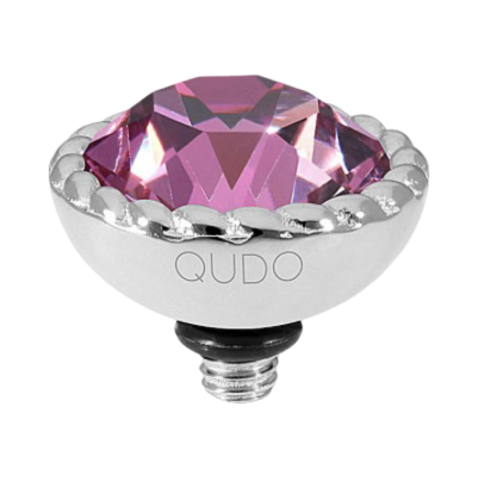 QUDO Bocconi 11mm interchangeable jewelry top featuring a Dark Rose Swarovski crystal set in polished silver stainless steel.