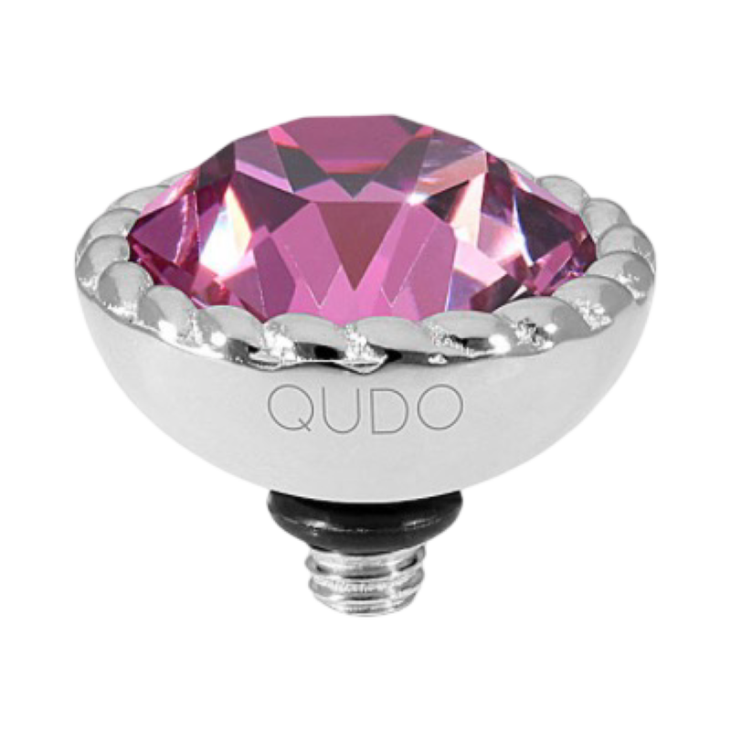 QUDO Bocconi 11mm interchangeable jewelry top featuring a Dark Rose Swarovski crystal set in polished silver stainless steel.