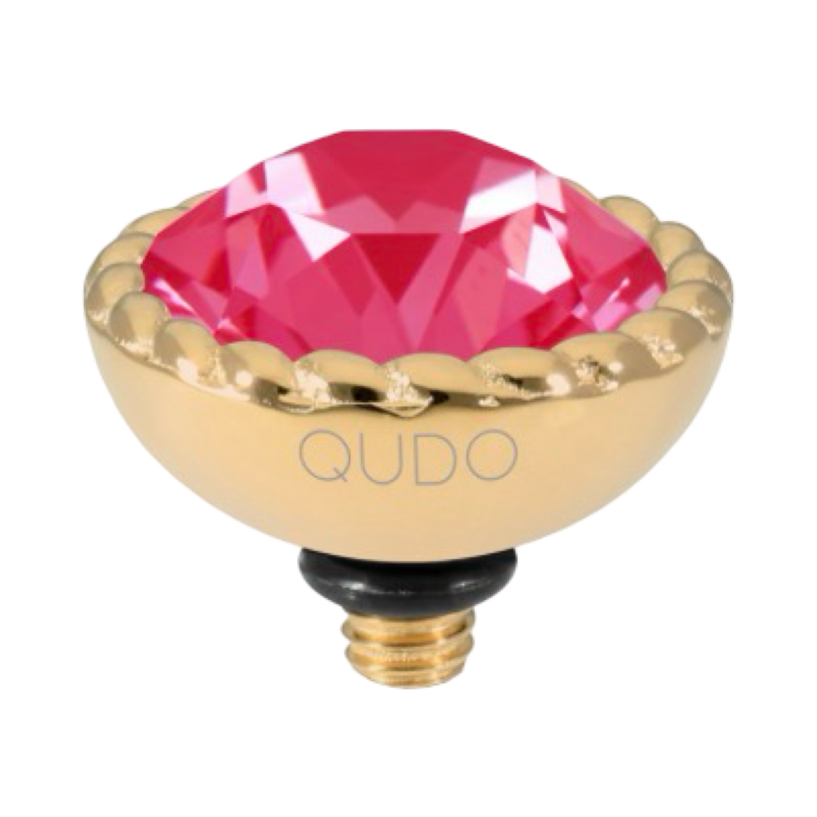 QUDO Bocconi 11mm interchangeable jewelry top featuring a Poppy Red Ignite Swarovski crystal set in polished gold stainless steel.