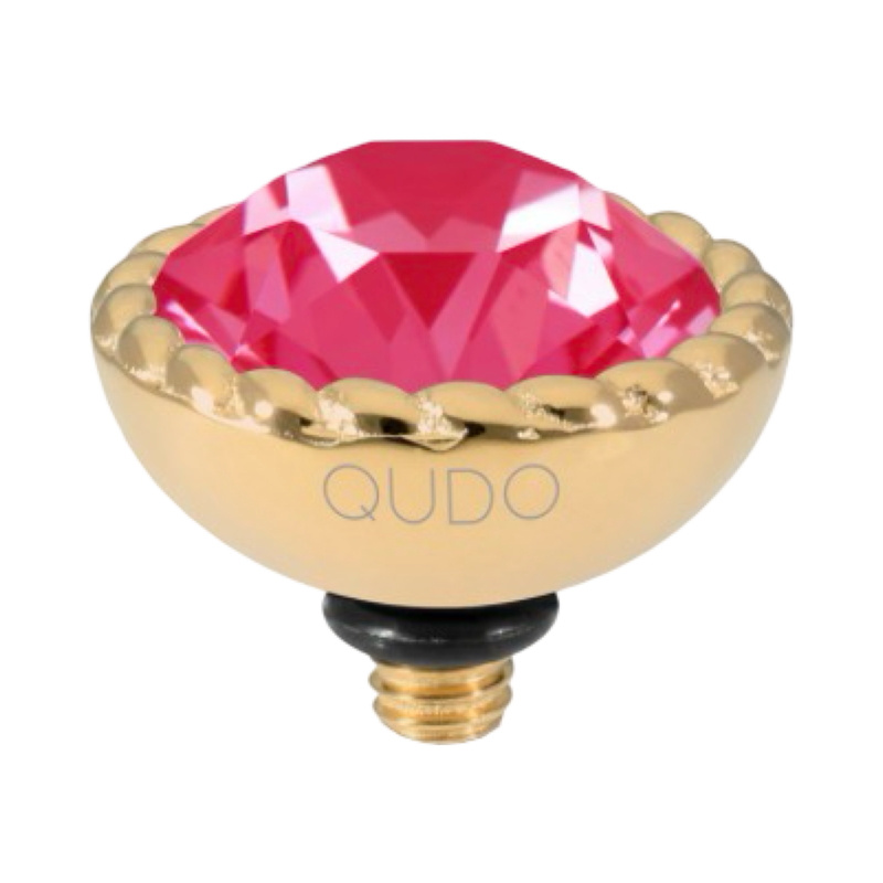 QUDO Bocconi 11mm interchangeable jewelry top featuring a Poppy Red Ignite Swarovski crystal set in polished gold stainless steel.