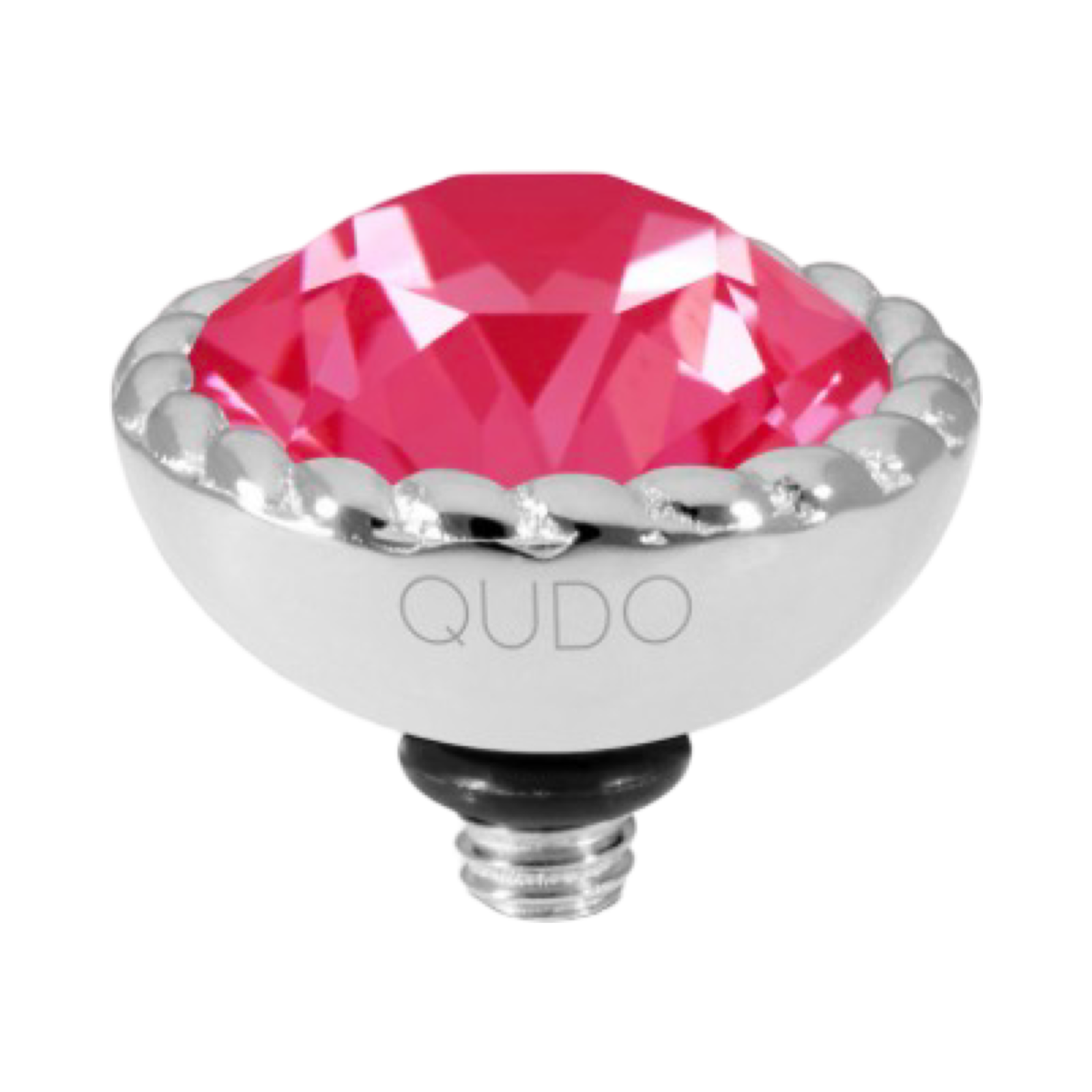 QUDO Bocconi 11mm interchangeable jewelry top featuring a Poppy Red Ignite Swarovski crystal set in polished silver stainless steel.