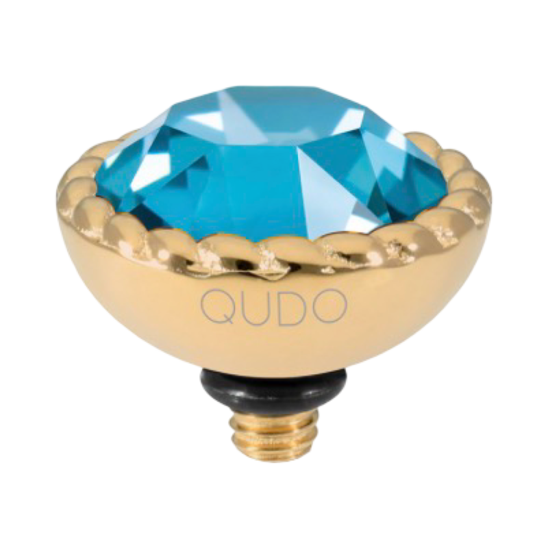 QUDO Bocconi 11mm interchangeable jewelry top featuring a Teal Ignite Swarovski crystal set in polished gold stainless steel.