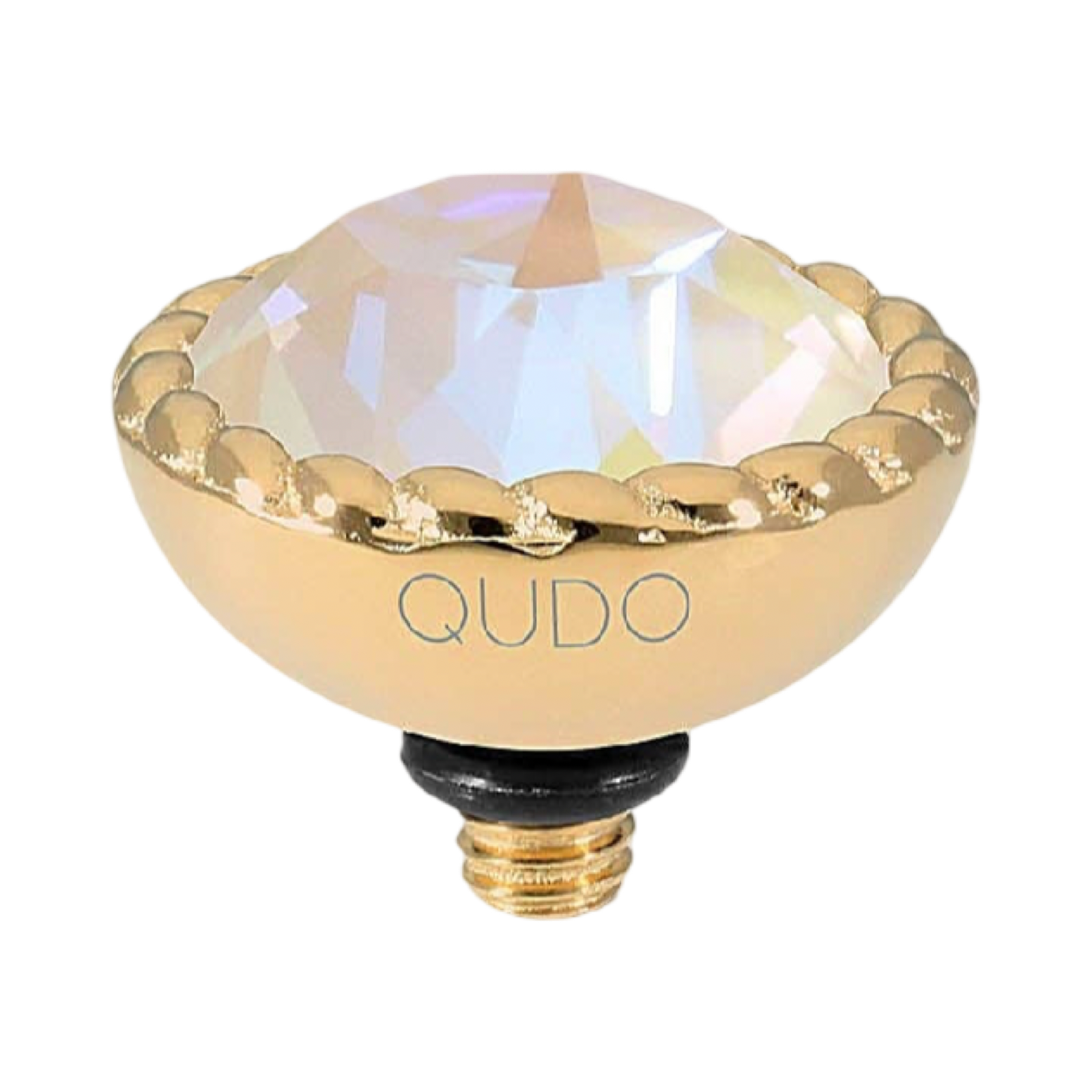 QUDO Bocconi gold interchangeable jewelry topper with faceted Ivory Cream Delite crystal and crystal-accented edge