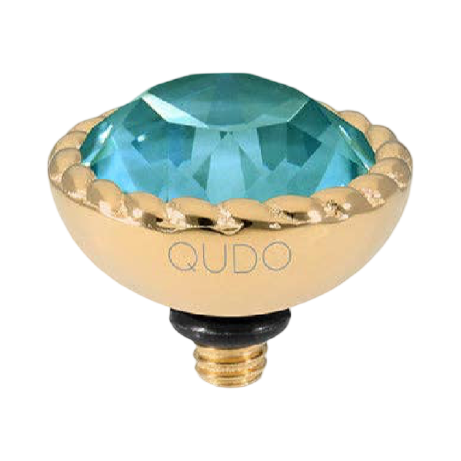 QUDO Bocconi gold interchangeable jewelry topper with faceted Pine Green Ignite crystal and crystal-accented edge