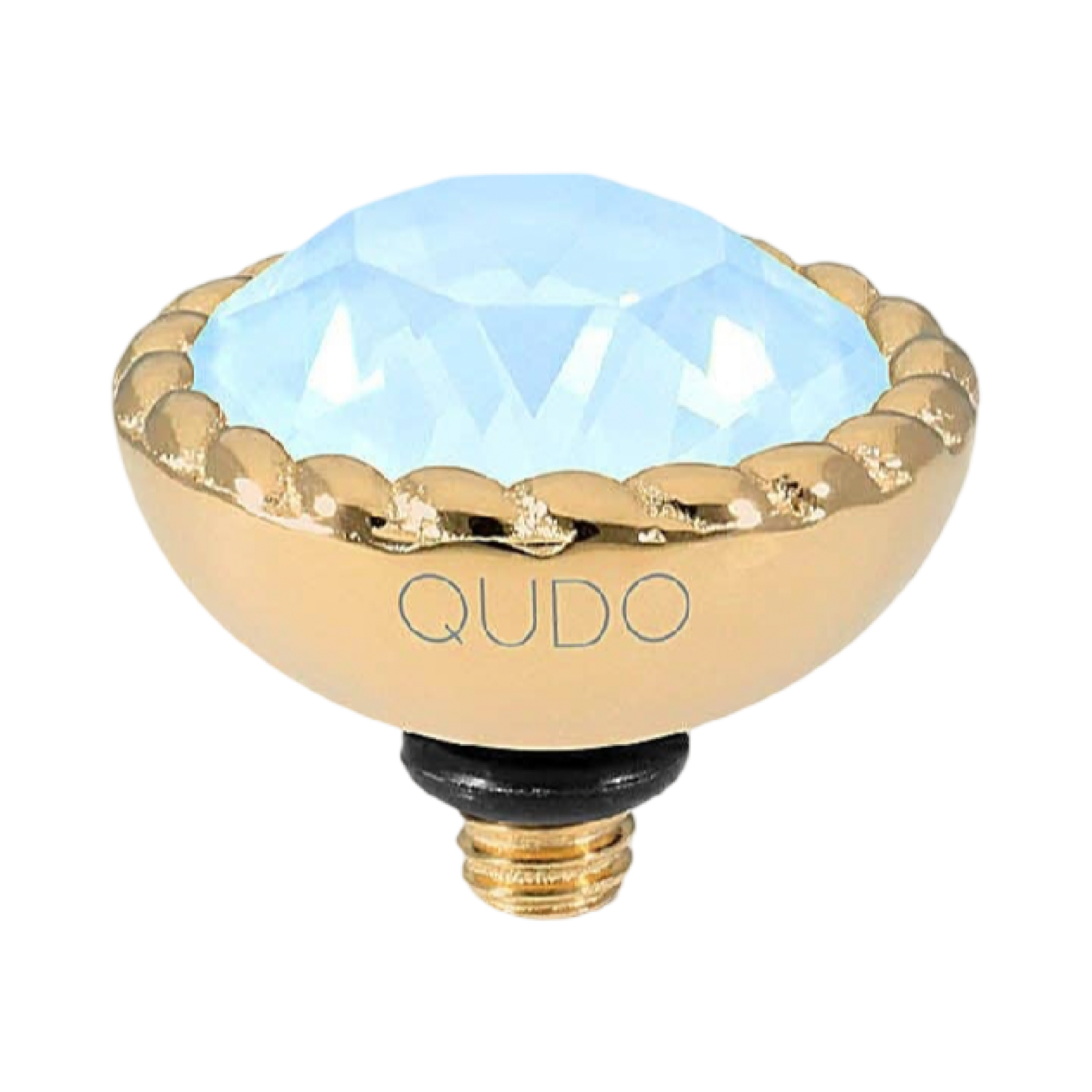 QUDO Bocconi gold interchangeable jewelry topper with faceted Sky Ignite crystal and crystal-accented edge