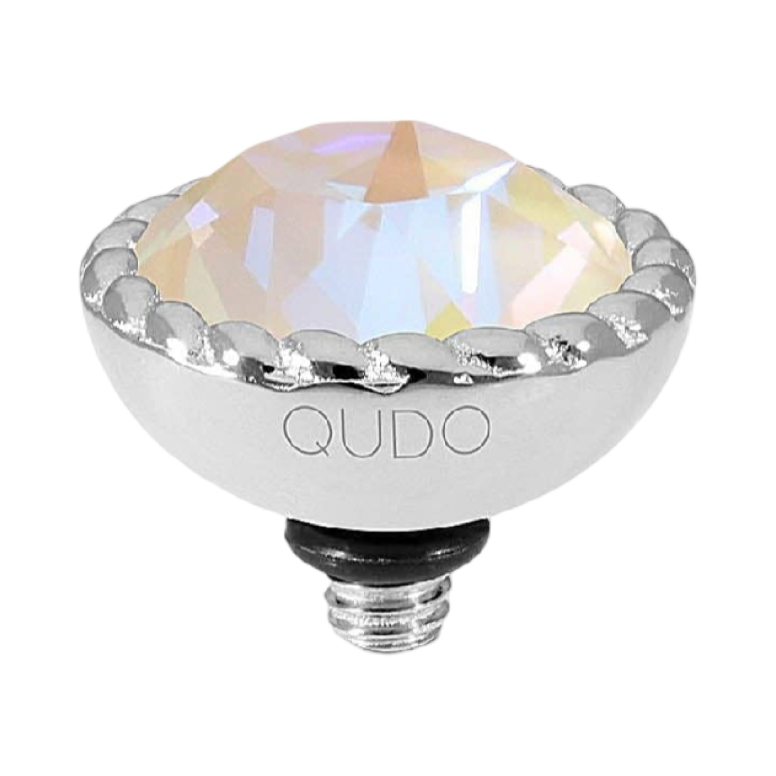 QUDO Bocconi silver interchangeable jewelry topper with faceted Ivory Cream Delite crystal and crystal-accented edge