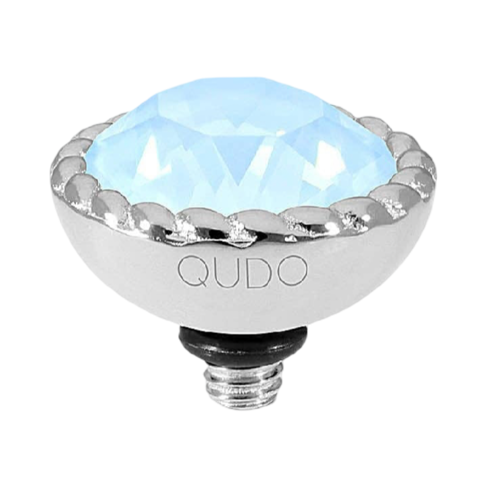 QUDO Bocconi silver interchangeable jewelry topper with faceted Sky Ignite crystal and crystal-accented edge