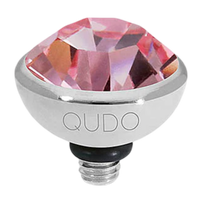 Decorative light bulb with pink crystal and 'QUDO' branding on a white background