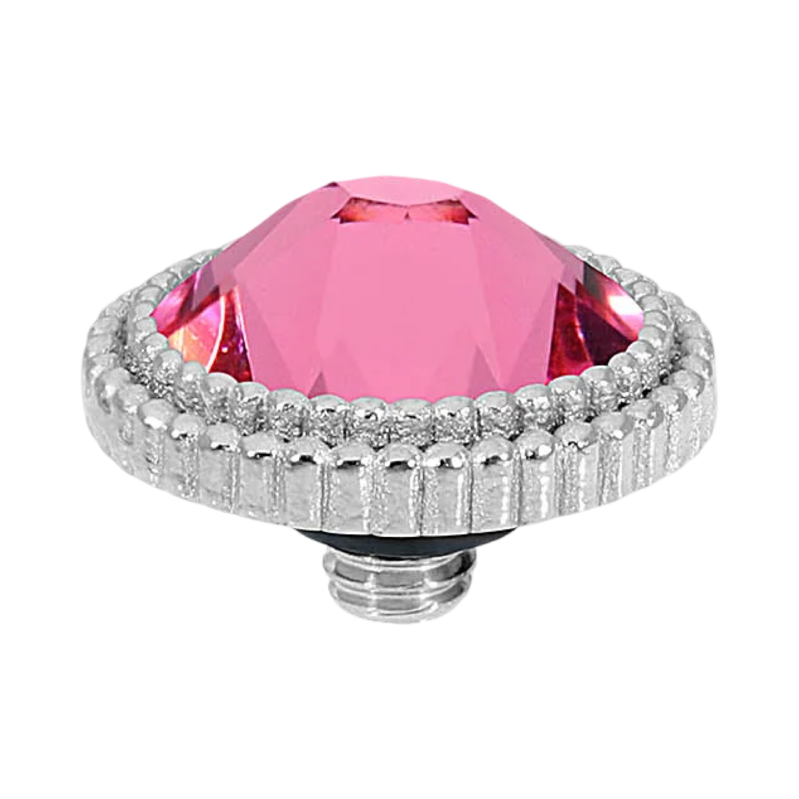 QUDO Fabero Flat Top Silver, QUDO pink crystal collection, interchangeable jewelry, silver crystal topper, pink crystal jewelry, QUDO topper, interchangeable ring topper, stackable jewelry, Swarovski crystal jewelry, luxury fashion jewelry, silver and pink jewelry, collectible jewelry, boutique jewelry, QUDO jewelry, interchangeable bracelet topper, feminine crystal jewelry, fashion jewelry accessories