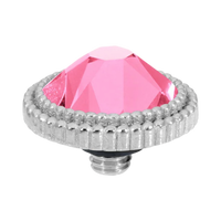 Pink gemstone with silver decorative border on a white background