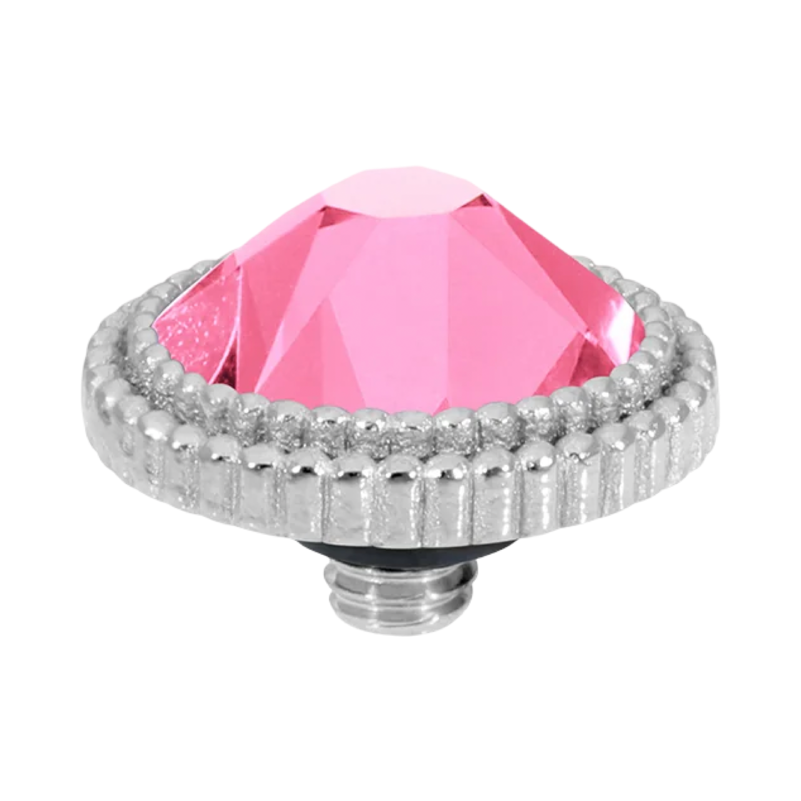Pink gemstone with silver decorative border on a white background