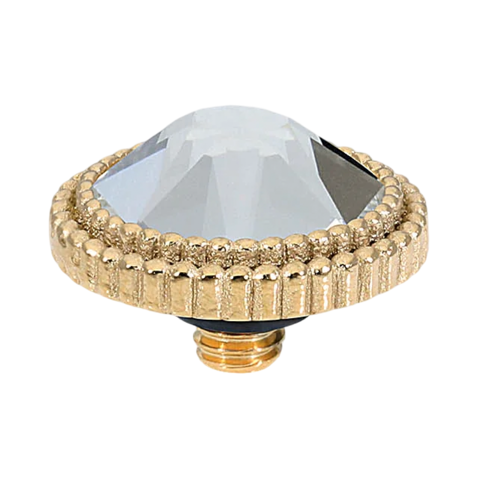 QUDO Fabero Flat interchangeable jewelry topper in polished gold-tone stainless steel featuring a brilliant faceted crystal in a 13 mm round setting, designed for QUDO interchangeable rings, bracelets, necklaces, and earrings.
