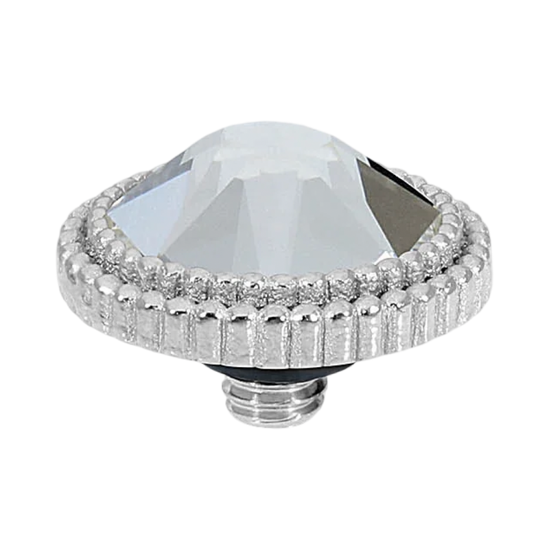 QUDO Fabero Flat interchangeable jewelry topper in polished silver-tone stainless steel featuring a brilliant faceted crystal in a 13 mm round setting, compatible with QUDO interchangeable rings, bracelets, necklaces, and earrings.