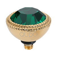 QUDO Fabero Top Gold, Green and Golden Collection, interchangeable jewelry, gold crystal topper, green crystal jewelry, yellow crystal jewelry, QUDO topper, interchangeable ring topper, stackable jewelry, Swarovski crystal jewelry, luxury fashion jewelry, collectible jewelry, boutique jewelry, interchangeable bracelet topper, colorful crystal jewelry, statement jewelry, QUDO jewelry collection