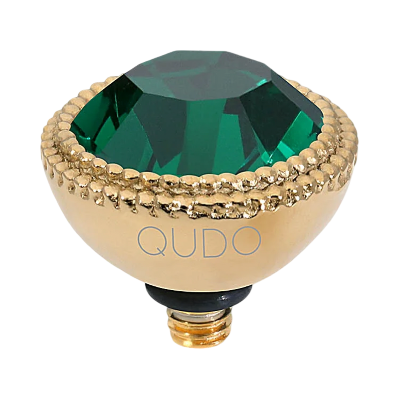 QUDO Fabero Top Gold, Green and Golden Collection, interchangeable jewelry, gold crystal topper, green crystal jewelry, yellow crystal jewelry, QUDO topper, interchangeable ring topper, stackable jewelry, Swarovski crystal jewelry, luxury fashion jewelry, collectible jewelry, boutique jewelry, interchangeable bracelet topper, colorful crystal jewelry, statement jewelry, QUDO jewelry collection