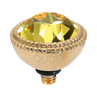 QUDO Fabero Top Gold, Green and Golden Collection, interchangeable jewelry, gold crystal topper, green crystal jewelry, yellow crystal jewelry, QUDO topper, interchangeable ring topper, stackable jewelry, Swarovski crystal jewelry, luxury fashion jewelry, collectible jewelry, boutique jewelry, interchangeable bracelet topper, colorful crystal jewelry, statement jewelry, QUDO jewelry collection