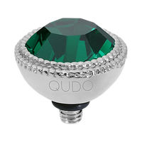 Decorative light bulb with green gem and silver accents on a white background, branded 'QUDO'.