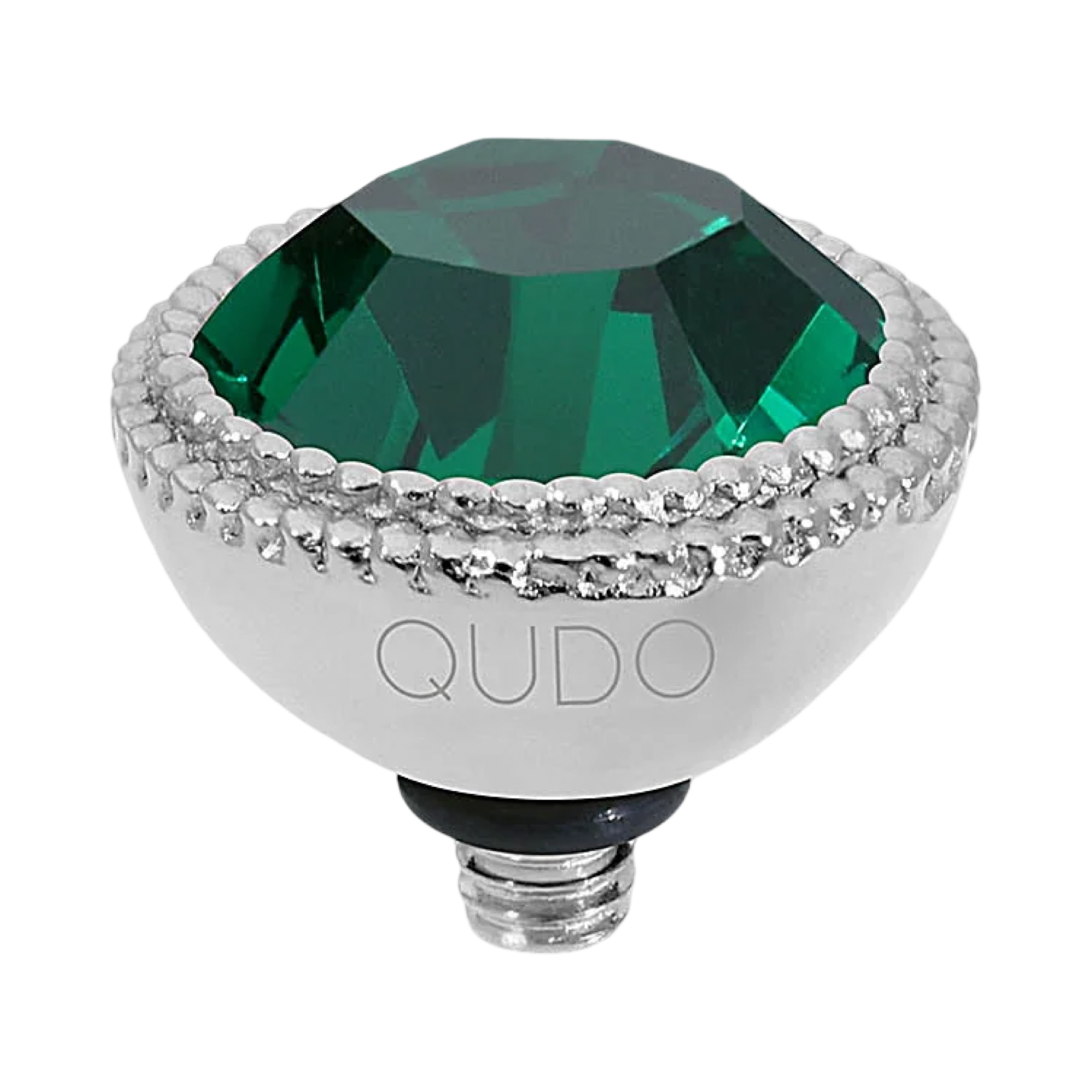 Decorative light bulb with green gem and silver accents on a white background, branded 'QUDO'.