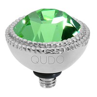 Decorative light bulb with green gem and silver accents on a white background, branded 'QUDO'.