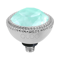 Decorative light bulb with a turquoise gem and silver accents on a white background, branded 'QUDO'.