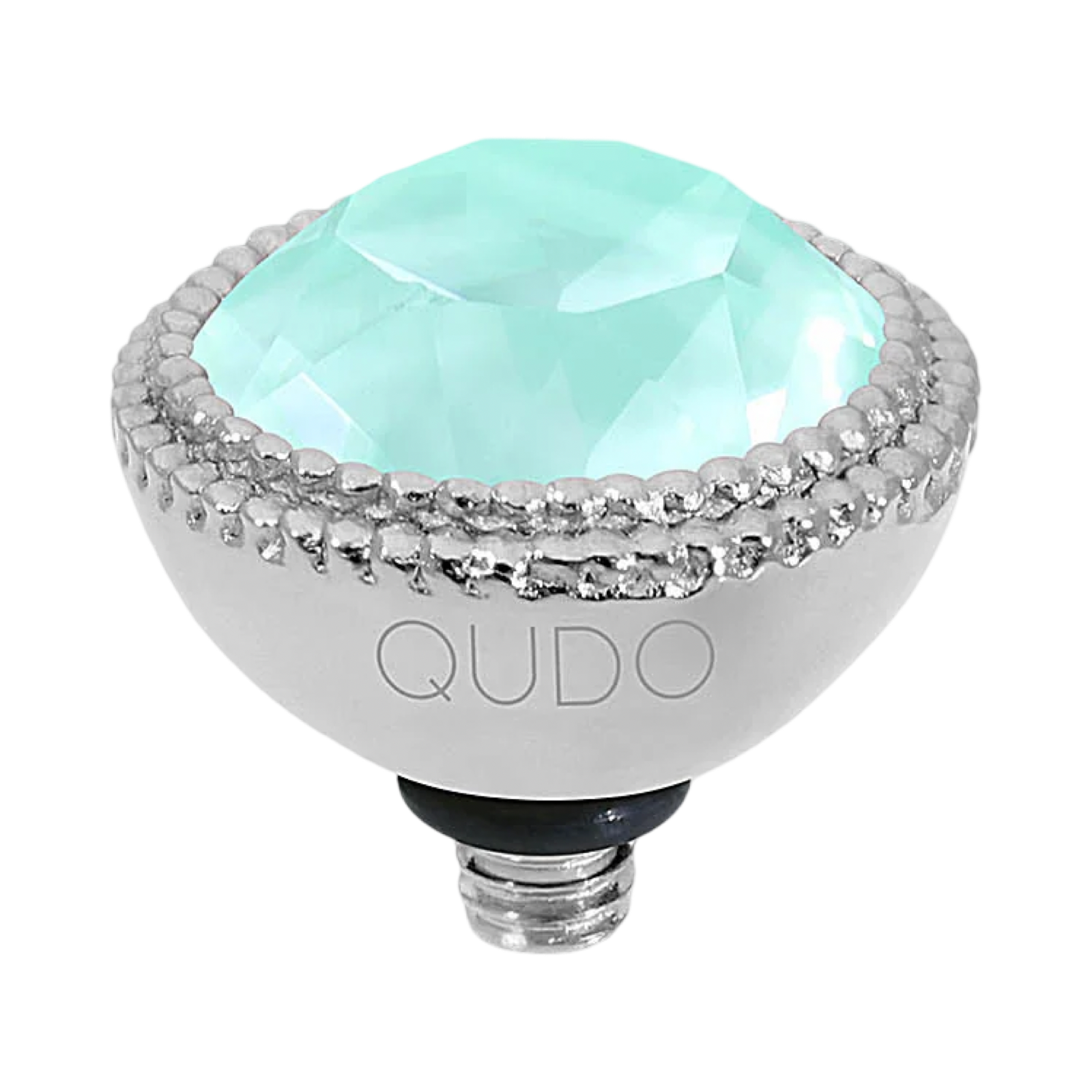 Decorative light bulb with a turquoise gem and silver accents on a white background, branded 'QUDO'.