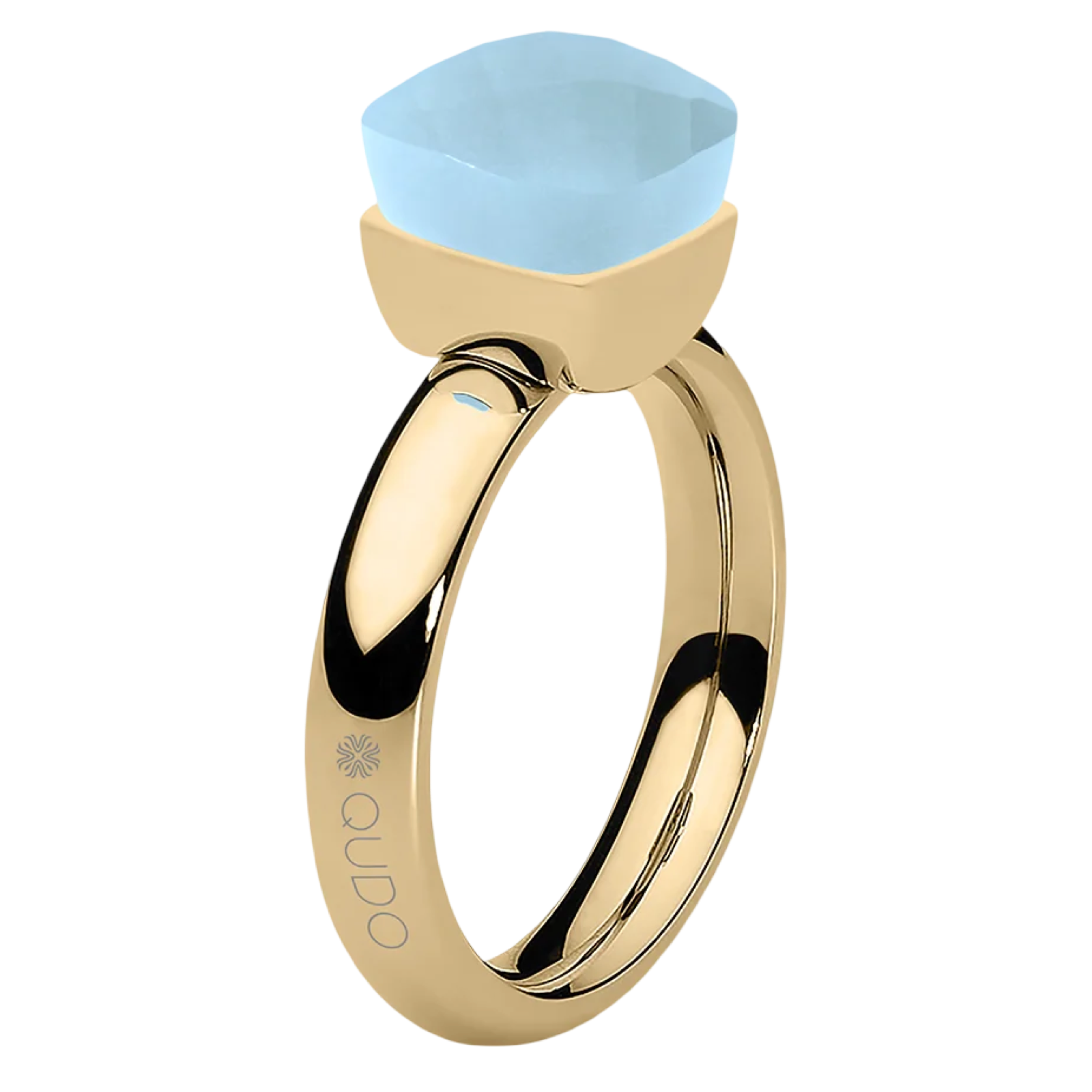 Gold ring with a light blue stone on a white background